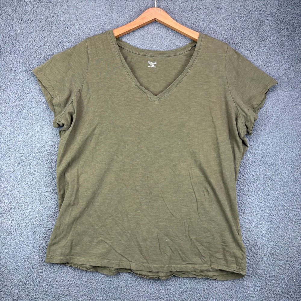 Madewell Womens Plus Size 1X V-Neck Slub Cotton T-Shirt Olive Green Short Sleeve